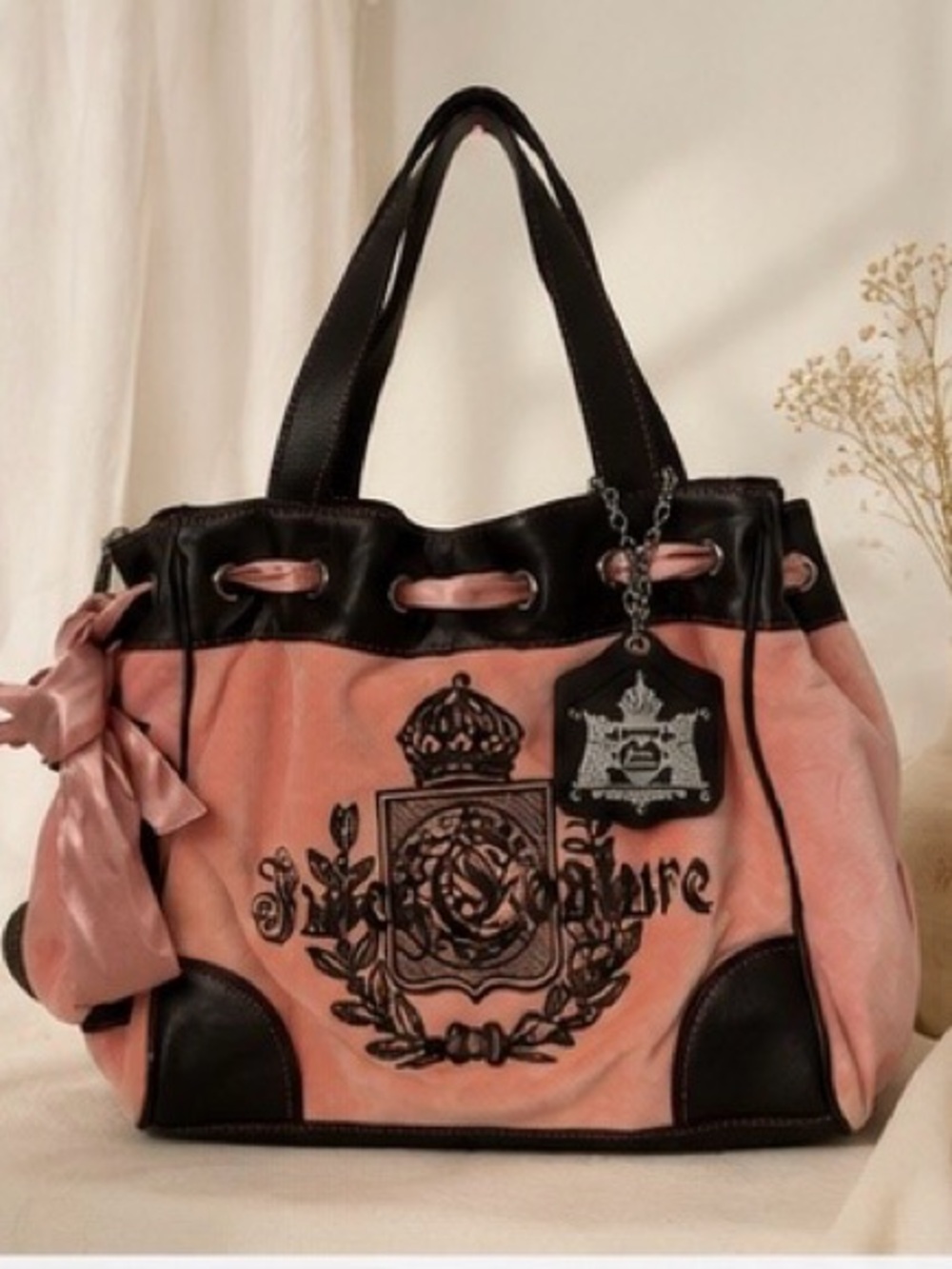 Juicy Couture Pink and Black Crest Tote with Bow Accent